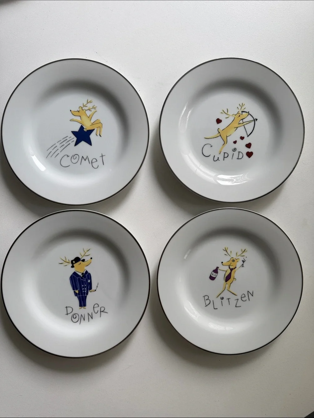 Rare Retired Complete Set Nine (9) Santa's Reindeer Dessert Plates Pottery Barn